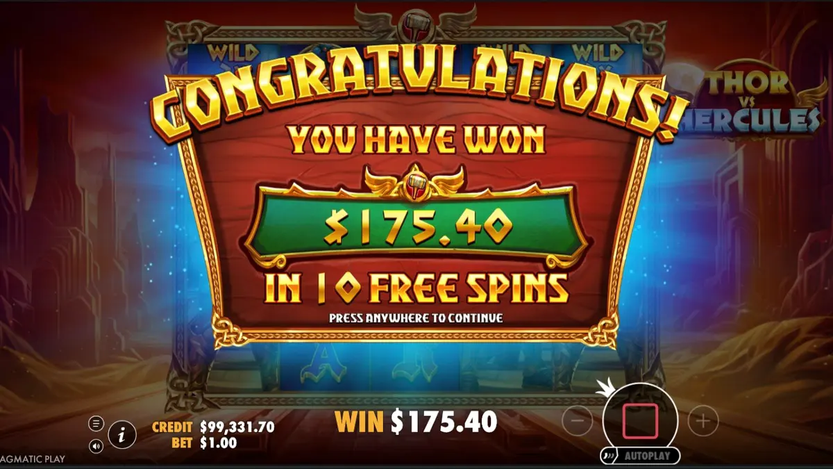 Thor vs Hercules slot machine interface with mythological characters