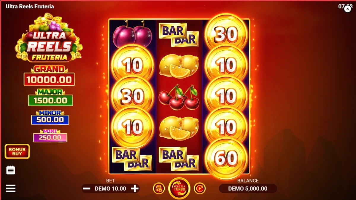 Tampilan visual slot Ultra Reels Fruteria dengan simbol buah cerah dan latar belakang karnaval.