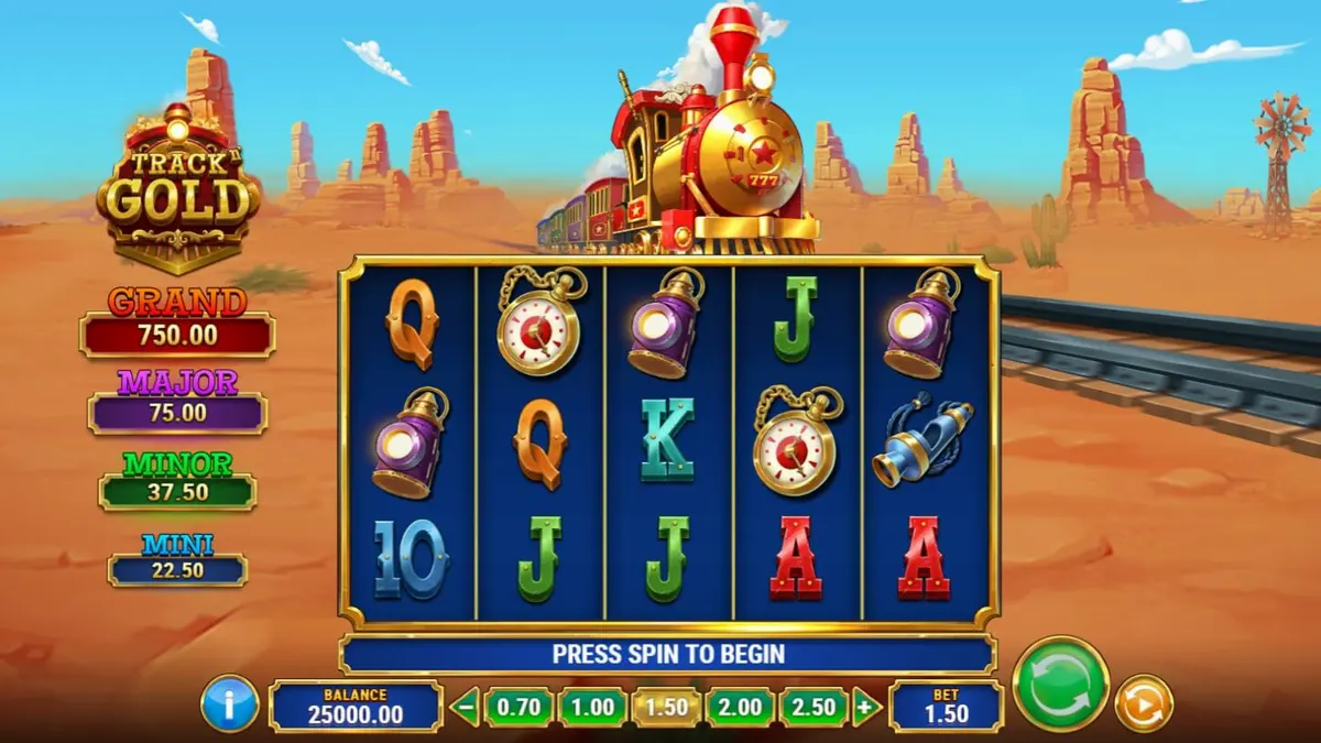 Tampilan permainan slot Track’n Gold dengan tema kereta api Wild West